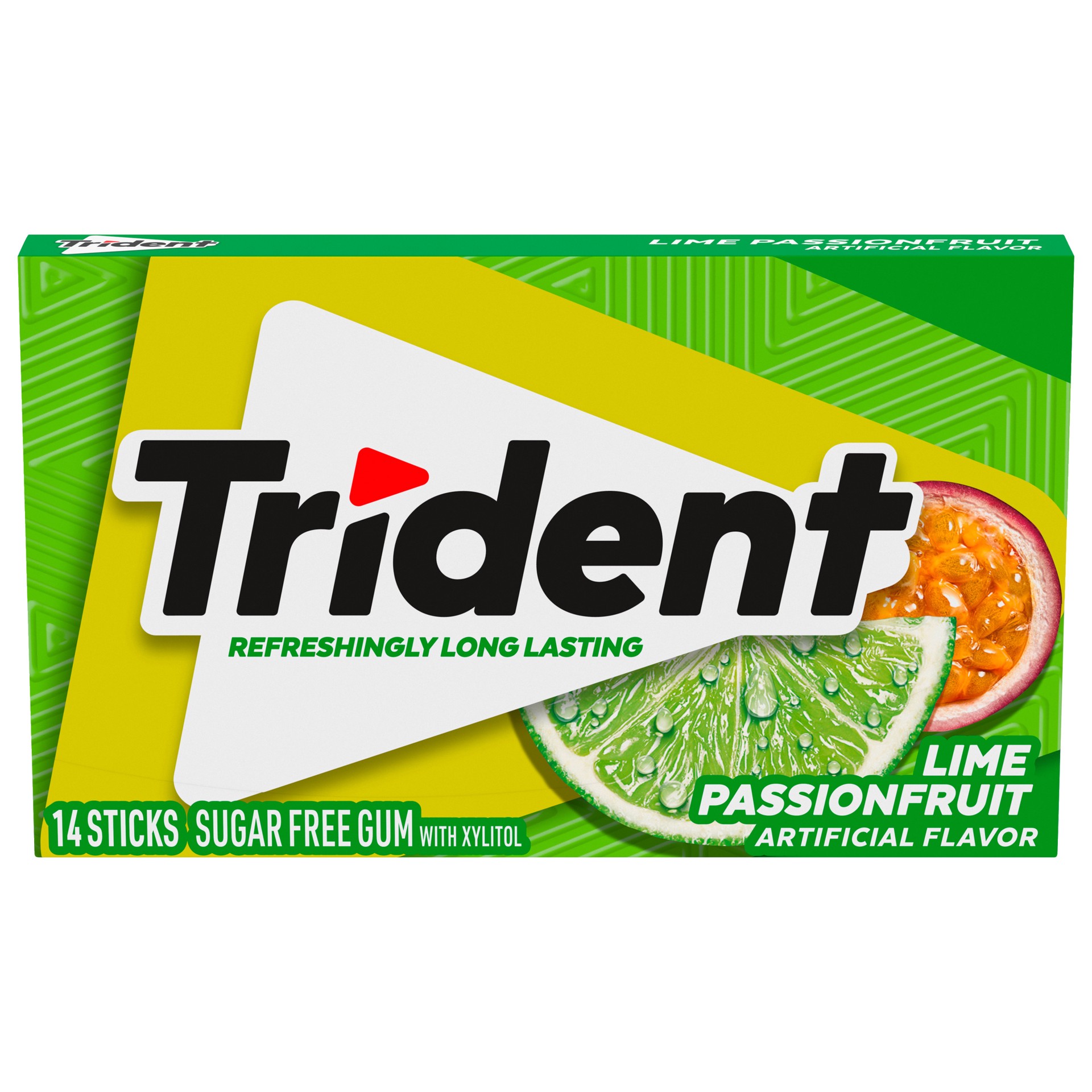 slide 1 of 9, Trident Lime Passion Fruit Twist Sugar Free Gum, Made with Xylitol, 14 Piece Pack, 0.06 lb