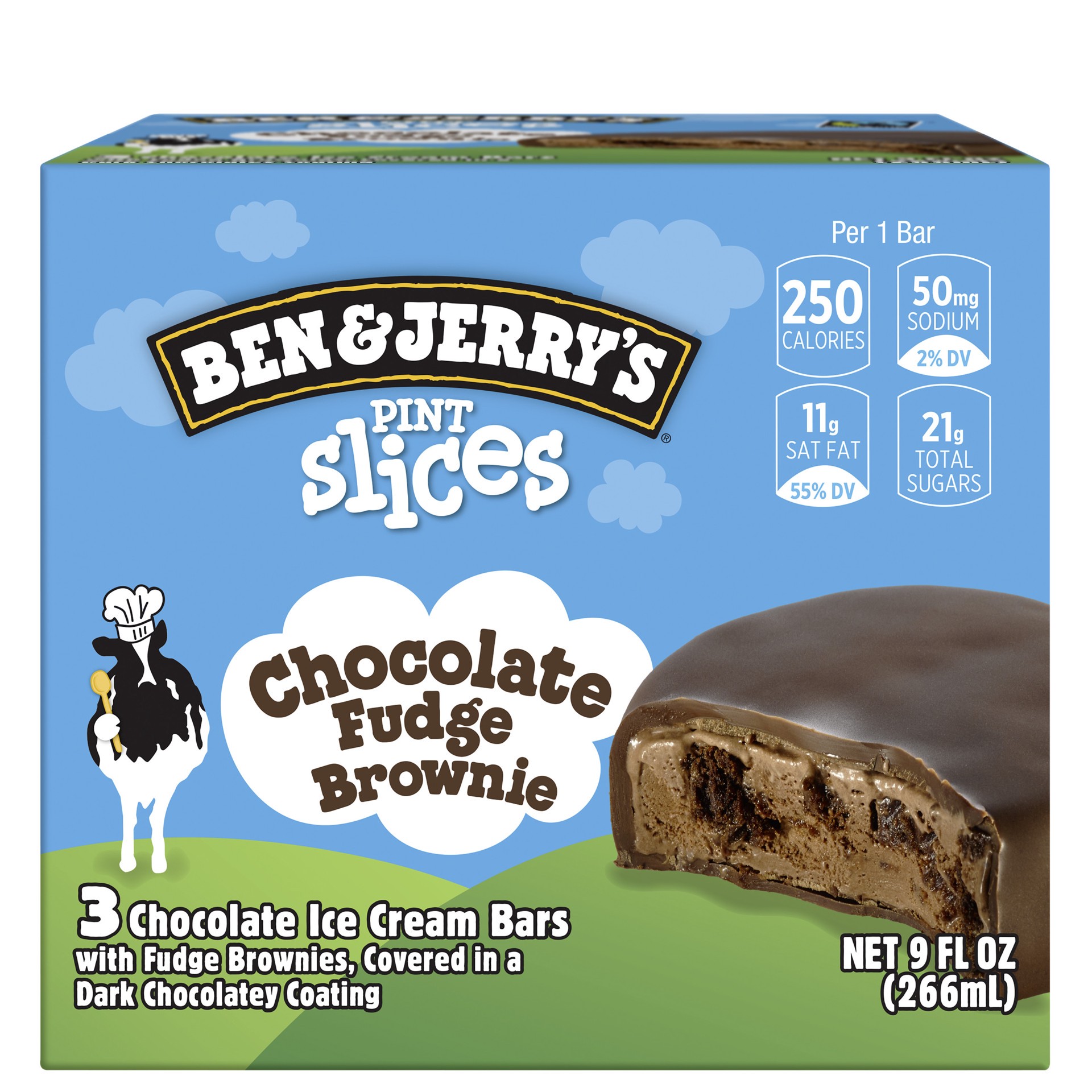 slide 1 of 3, Ben & Jerry's Pint Slices ice cream bars Chocolate Fudge Brownie, 9 oz, 3 Count , 9 fl oz