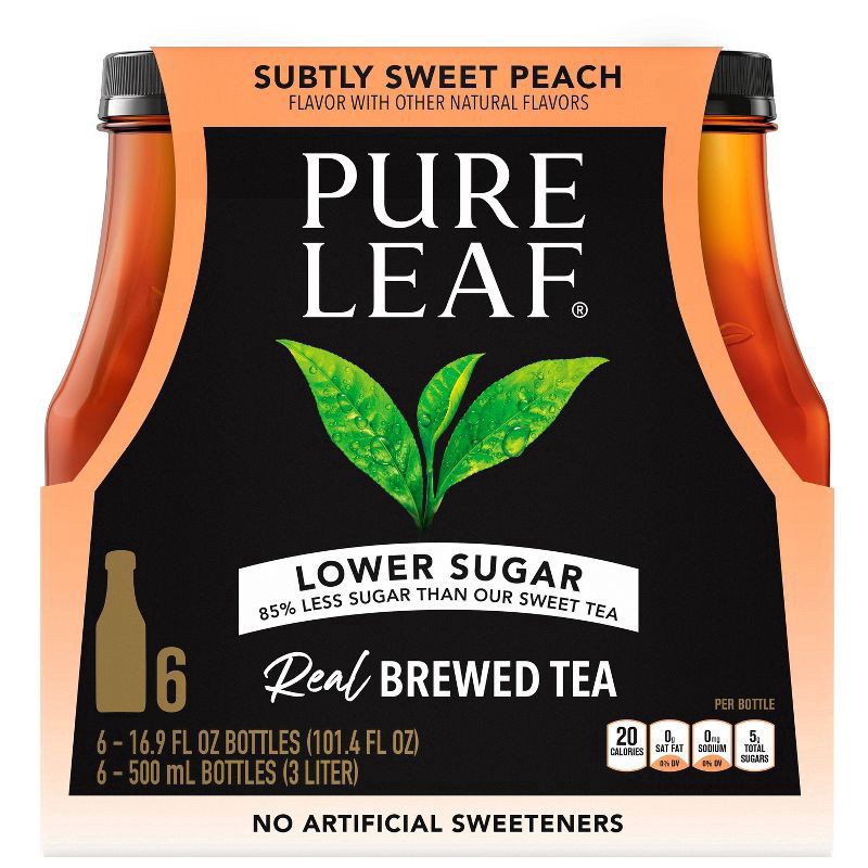 slide 1 of 4, Pure Leaf Lower Sugar Real Brewed Tea Subtly Sweet Peach 16.9 Fl Oz 6 Count,