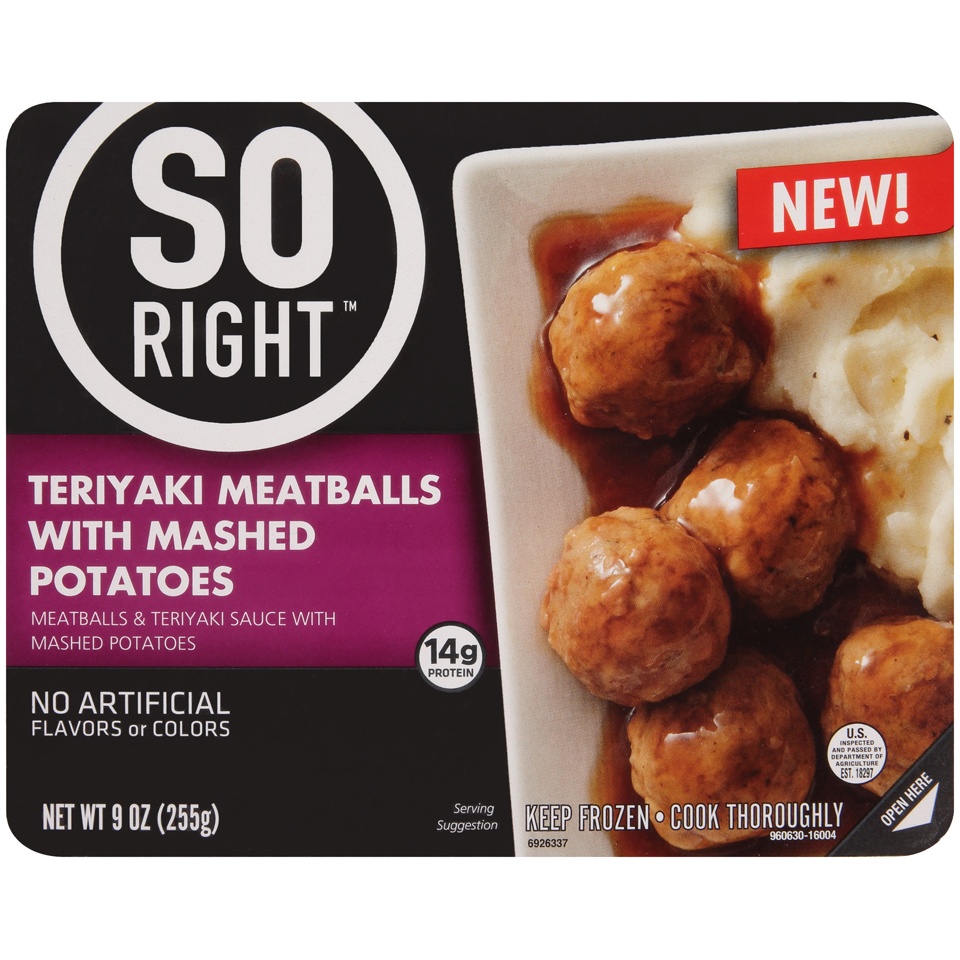 slide 1 of 1, So Right Teriyaki Meatballs With Mashed Potatoes, 9 oz