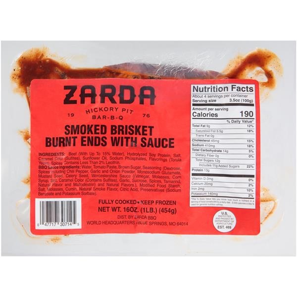 slide 1 of 1, Zarda Hickory Pit Bar-B-Q Smoked Brisket Burnt Ends With Sauce, 16 oz