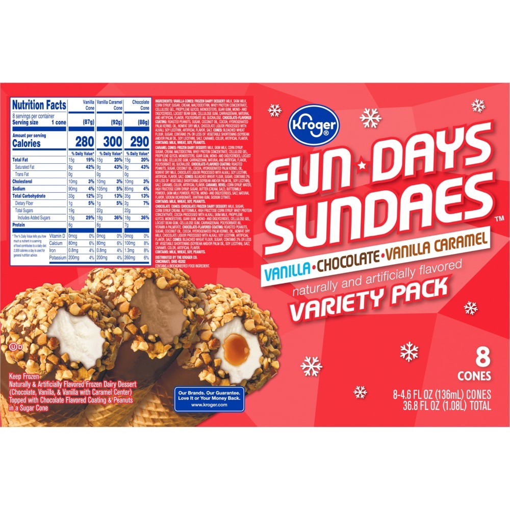 slide 2 of 2, Kroger Fun Days Sundaes Frozen Dairy Dessert Cones Variety Pack, 36.8 fl oz