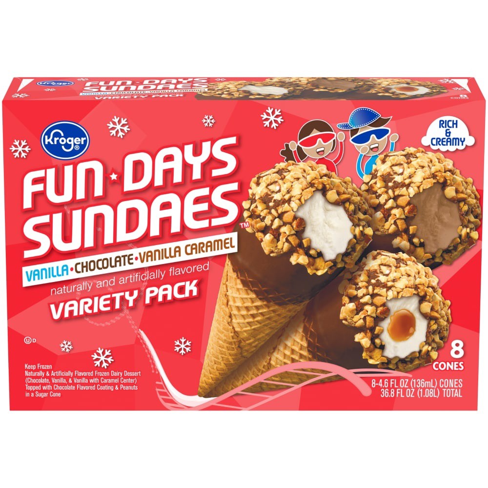 slide 1 of 2, Kroger Fun Days Sundaes Frozen Dairy Dessert Cones Variety Pack, 36.8 fl oz