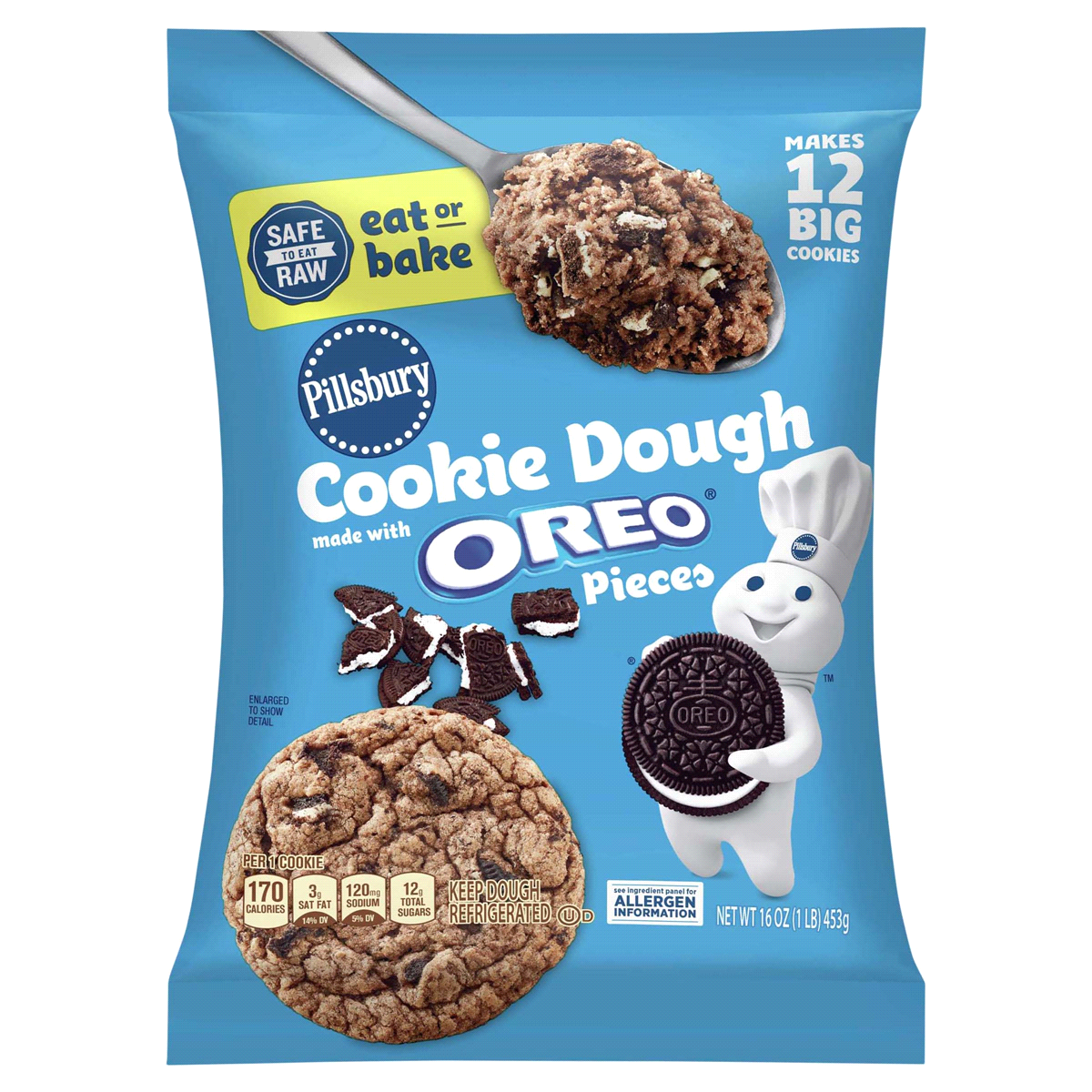 slide 1 of 1, Pillsbury Refrigerated Cookie Dough Made With OREO Pieces, Eat or Bake, 12 Big Cookies, 16 oz, 16 oz