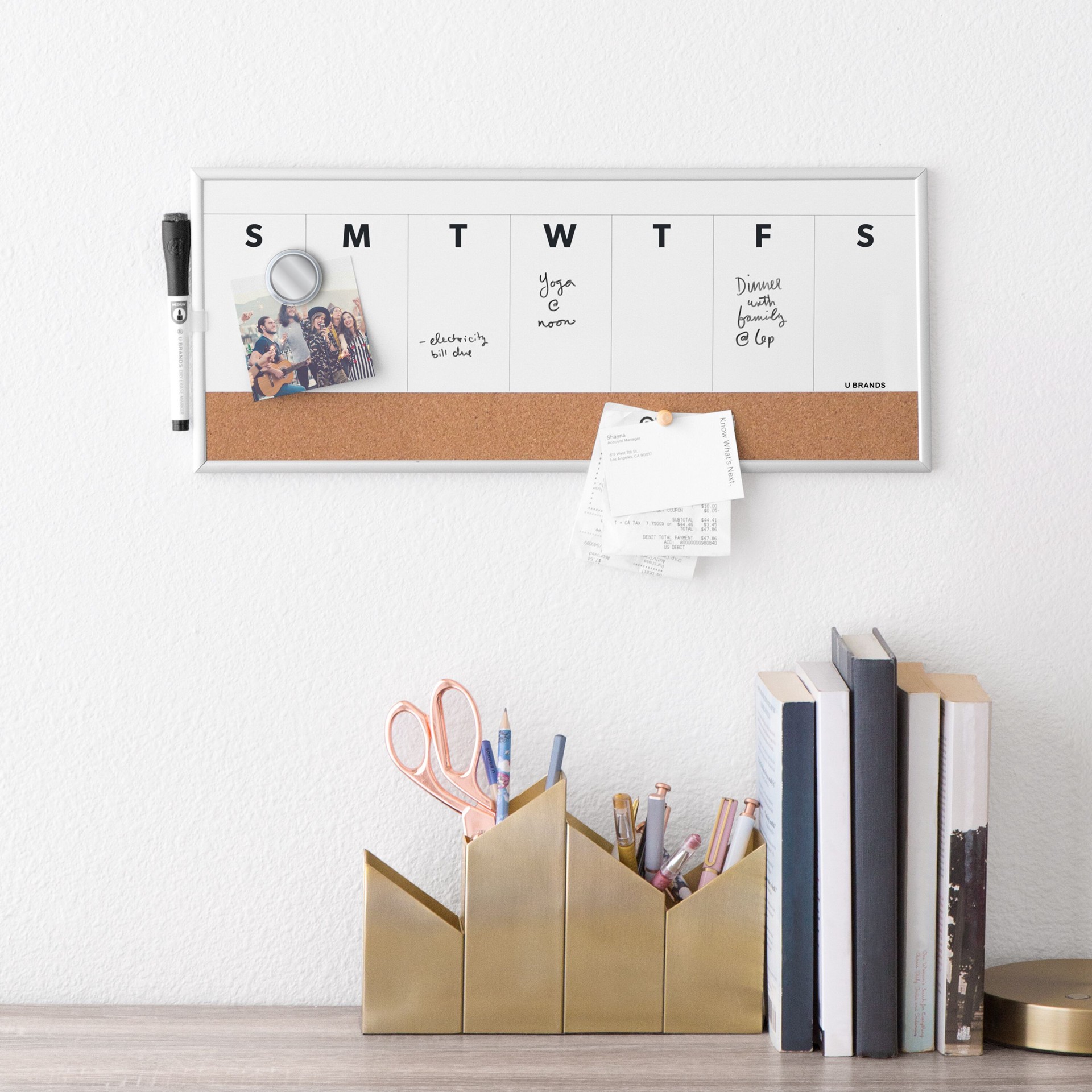 slide 4 of 5, U Brands Magnetic Dry Erase Weekly Calendar Board With Cork Strip, 16x7 in., Silver Aluminum Frame, 1 ct