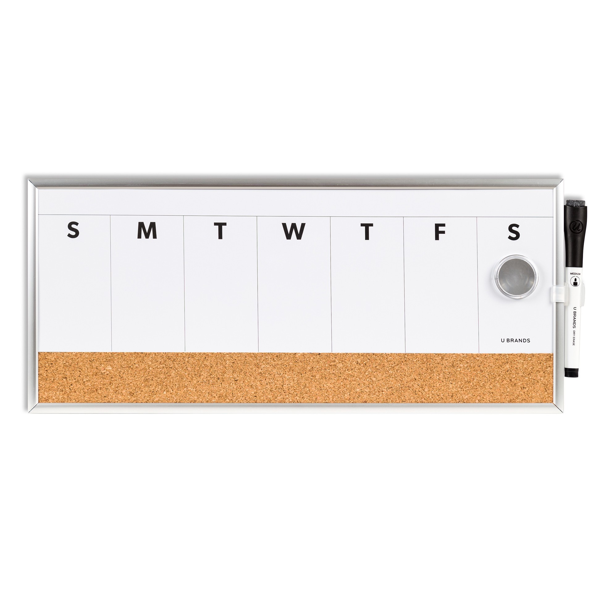 slide 1 of 5, U Brands Magnetic Dry Erase Weekly Calendar Board With Cork Strip, 16x7 in., Silver Aluminum Frame, 1 ct