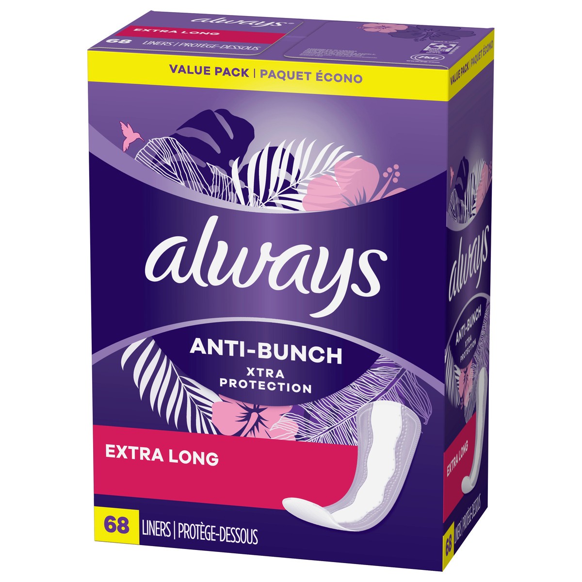slide 2 of 9, Always Anti-Bunch Xtra Protection Daily Liners Extra Long Unscented, Anti Bunch Helps You Feel Comfortable, 68 Count, 68 ct