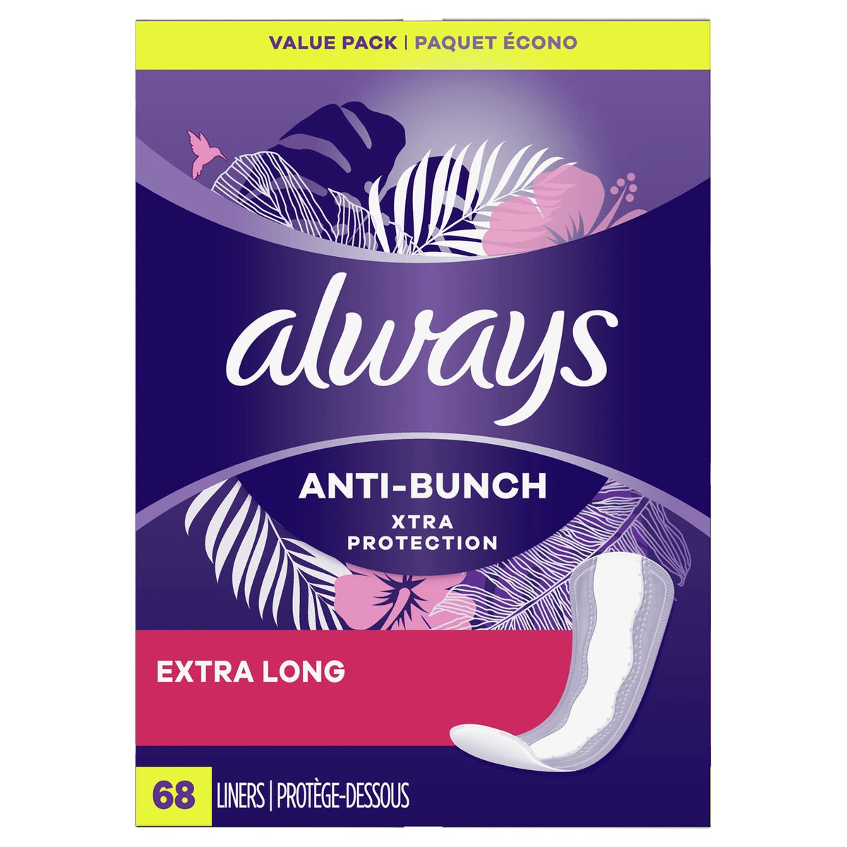 slide 5 of 9, Always Anti-Bunch Xtra Protection Daily Liners Extra Long Unscented, Anti Bunch Helps You Feel Comfortable, 68 Count, 68 ct