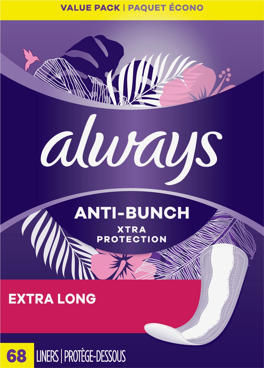 slide 1 of 9, Always Anti-Bunch Xtra Protection Daily Liners Extra Long Unscented, Anti Bunch Helps You Feel Comfortable, 68 Count, 68 ct