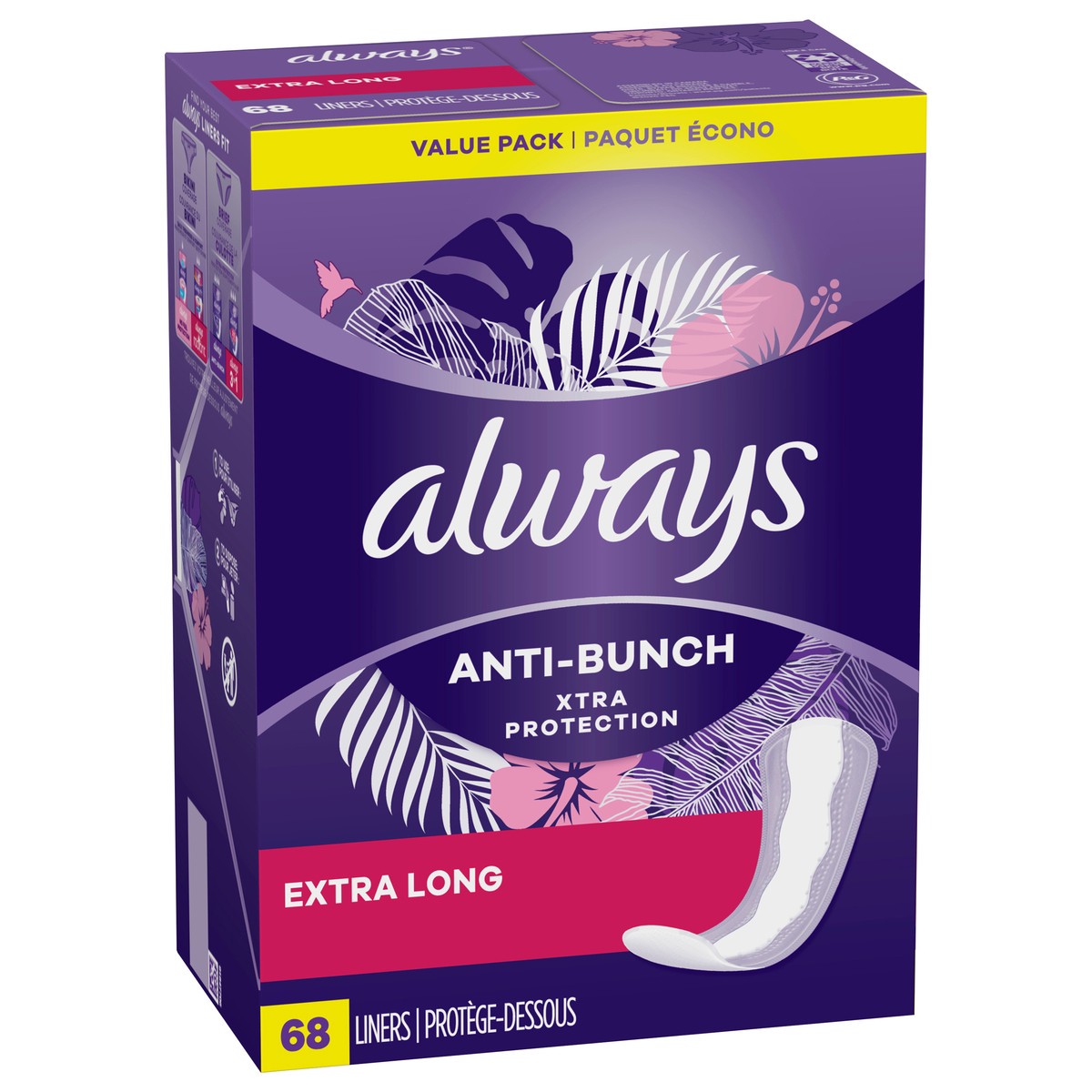 slide 6 of 9, Always Anti-Bunch Xtra Protection Daily Liners Extra Long Unscented, Anti Bunch Helps You Feel Comfortable, 68 Count, 68 ct