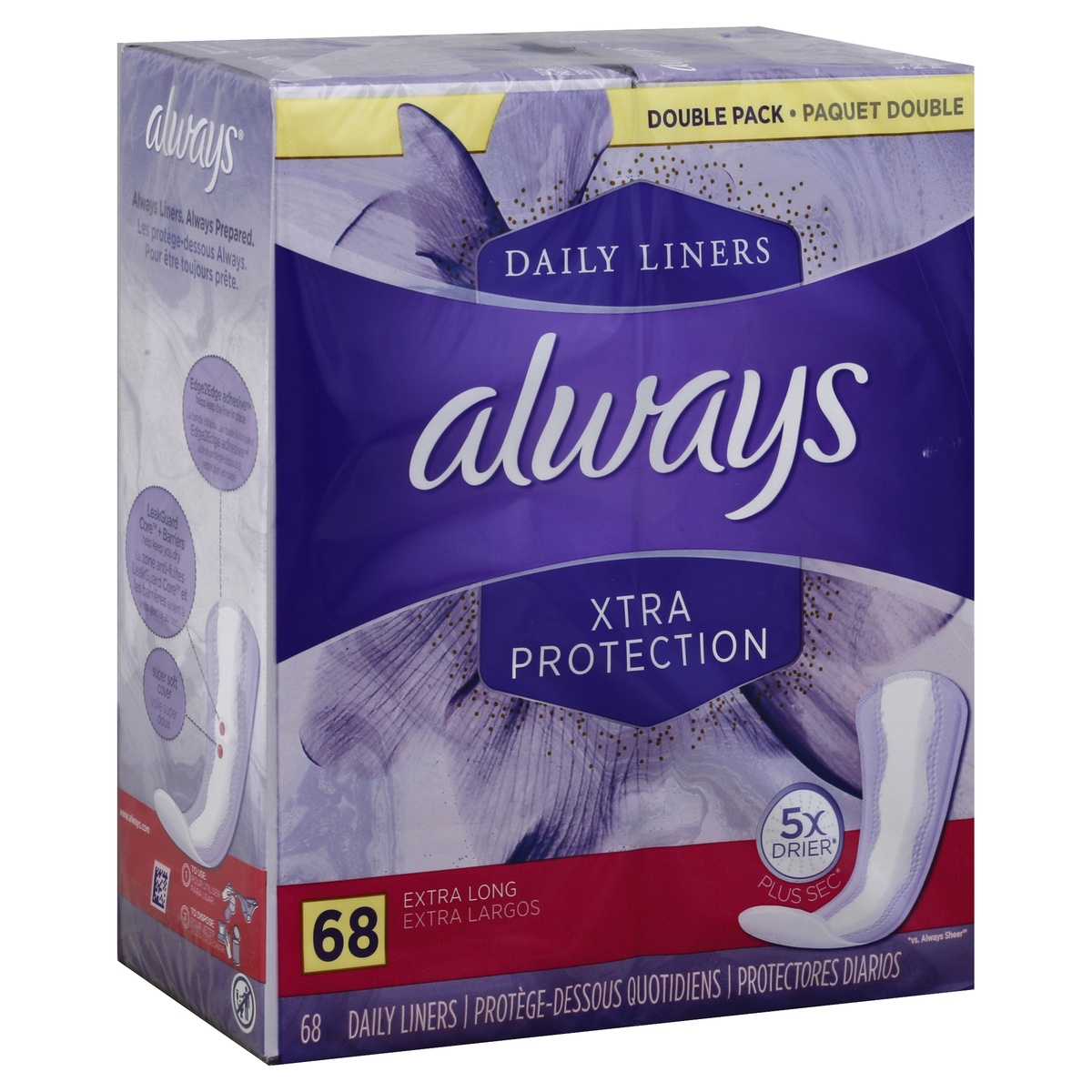 slide 1 of 7, Always Dri-Liners Pantiliners Extra Long Unscented Double Pack, 68 ct
