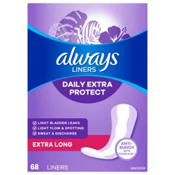 Always Daily Extra Protect Liners, Extra Long Length, Unscented Panty Liners, 68 Count