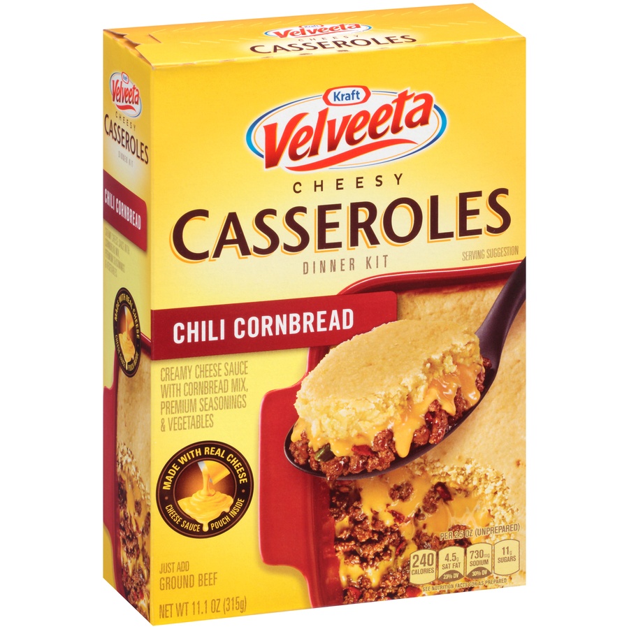 slide 2 of 8, Kraft Velveeta Cheesy Casseroles Chili Cornbread Dinner Kit, 11.1 oz