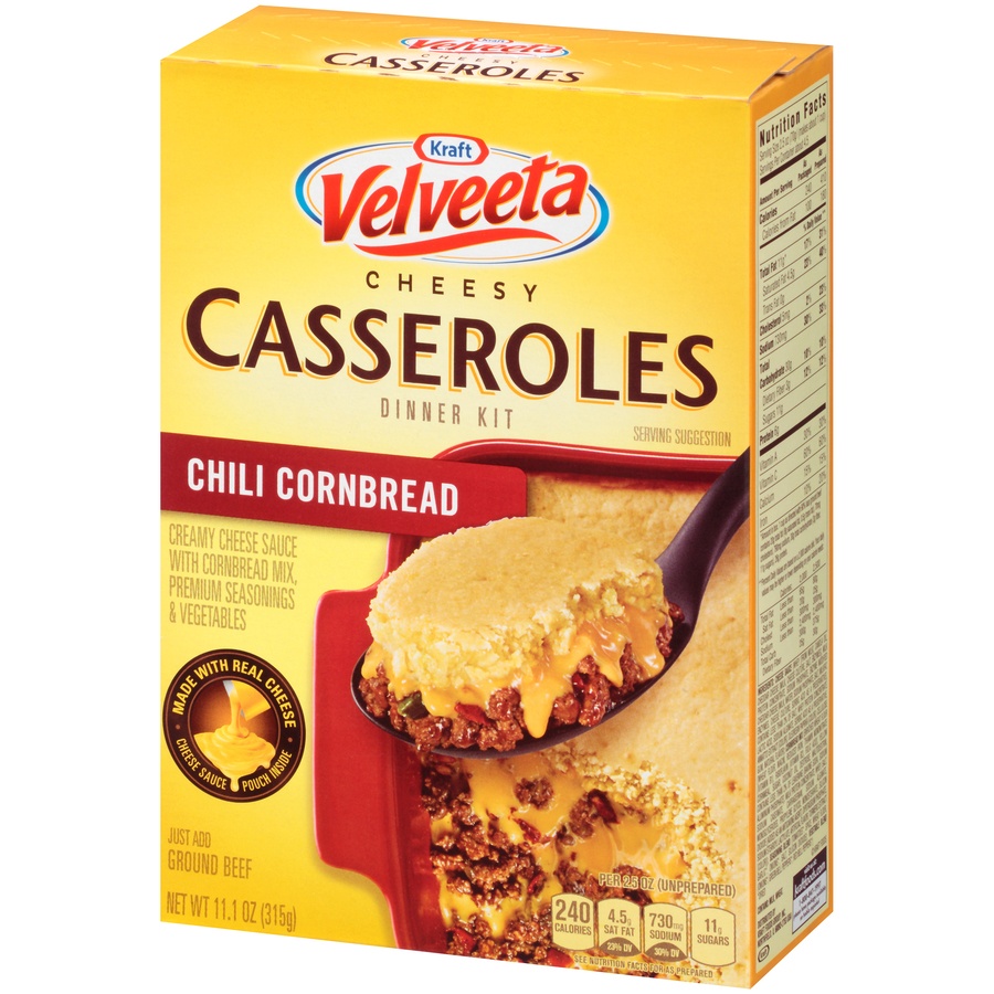 slide 3 of 8, Kraft Velveeta Cheesy Casseroles Chili Cornbread Dinner Kit, 11.1 oz