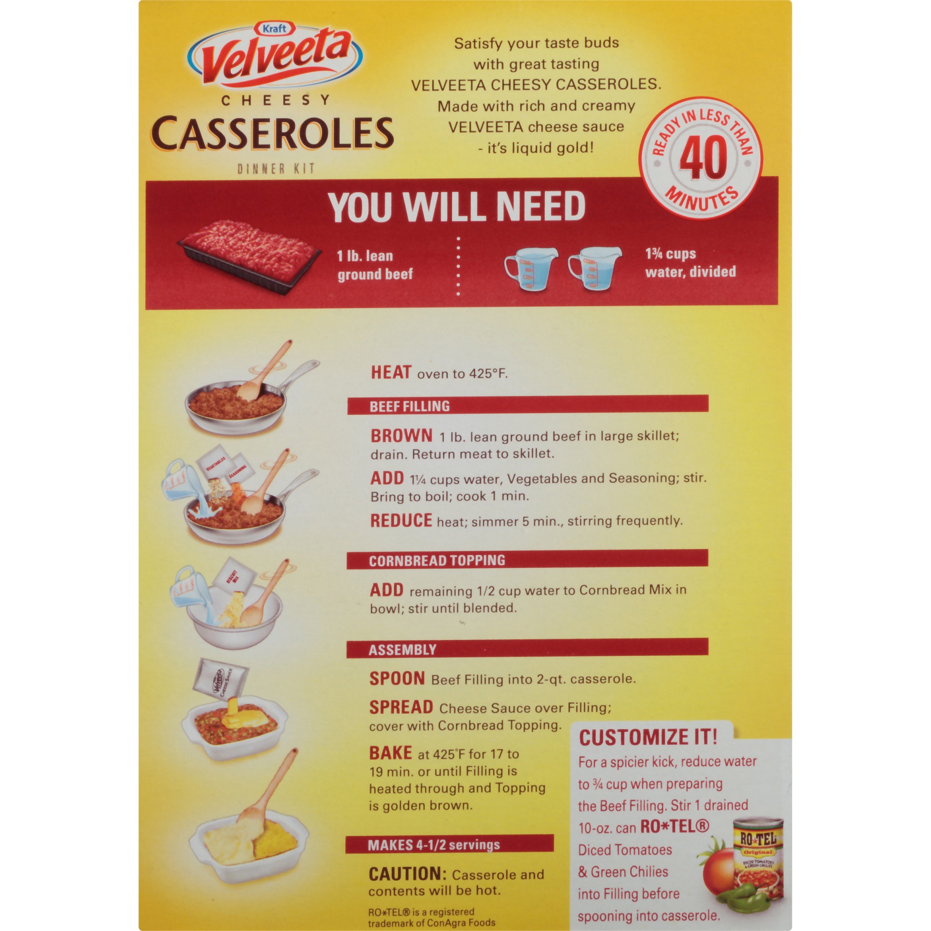 slide 6 of 8, Kraft Velveeta Cheesy Casseroles Chili Cornbread Dinner Kit, 11.1 oz