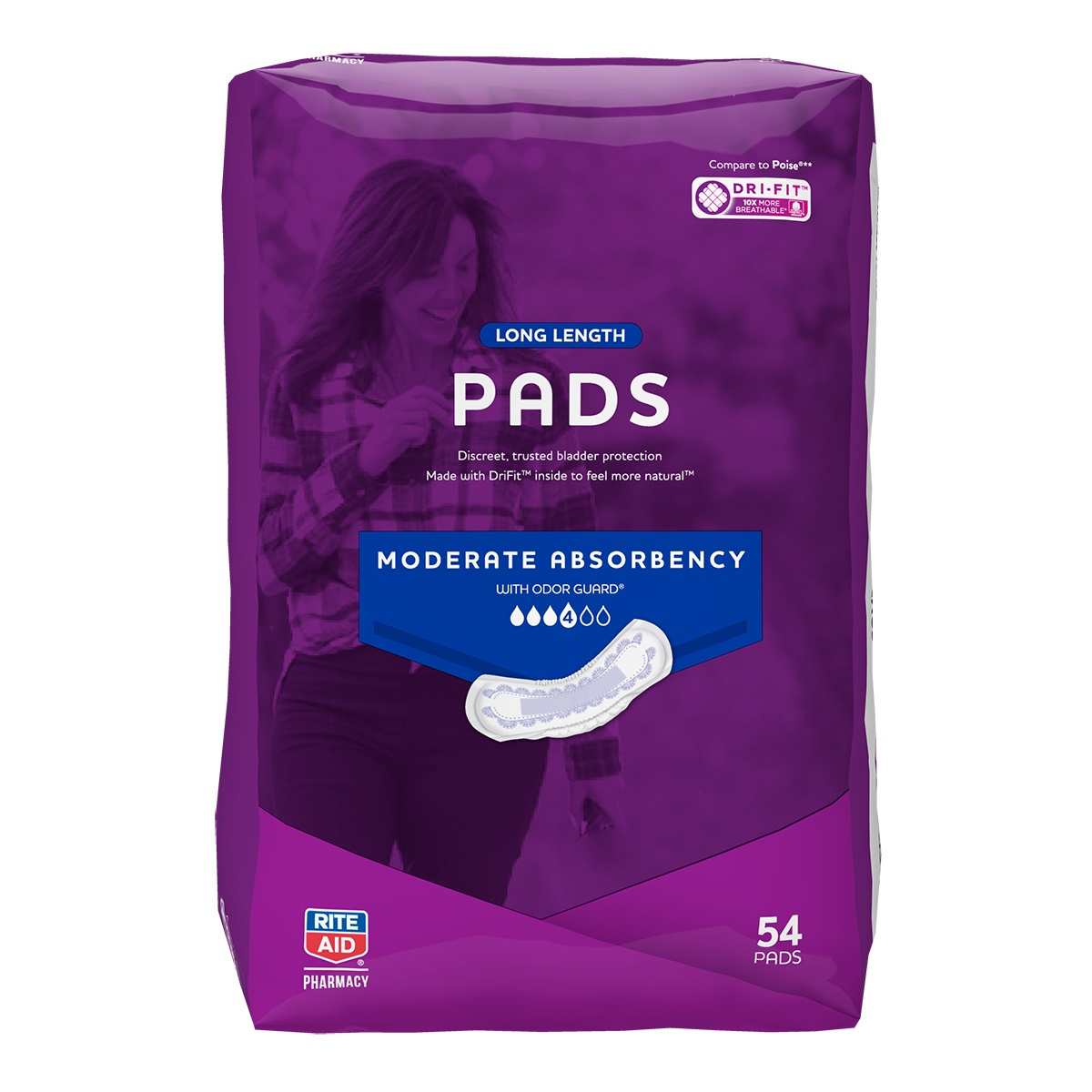 slide 1 of 1, Rite Aid Bladder Control Pads for Women, Moderate Absorbency, Long Length, 54 ct