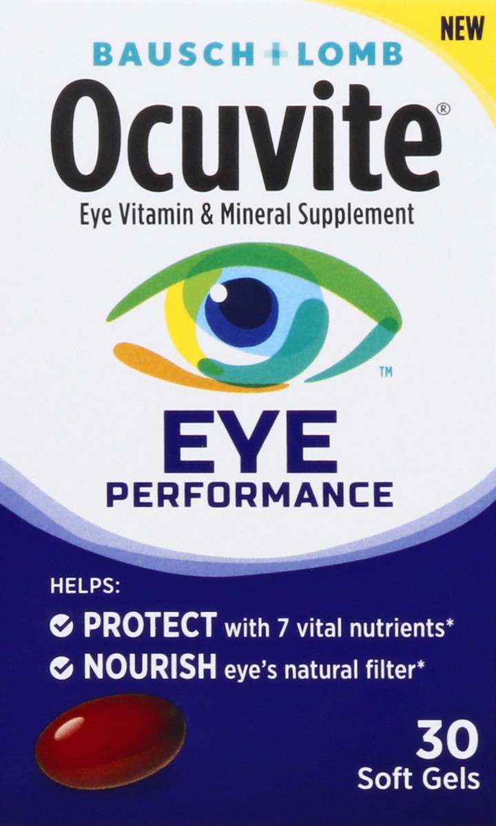 slide 1 of 13, Ocuvite Eye Performance Vitamin & Mineral Supplement, Contains Zinc, Vitamins C, D, E, Omega 3, Lutein & Zeaxanthin, 30 Count Soft Gels, 30 ct