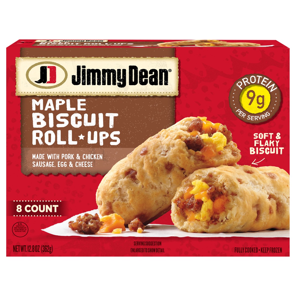 slide 1 of 9, Jimmy Dean Maple Biscuit Roll-Ups, Sausage, Frozen Breakfast, 2 Count, 8 ct