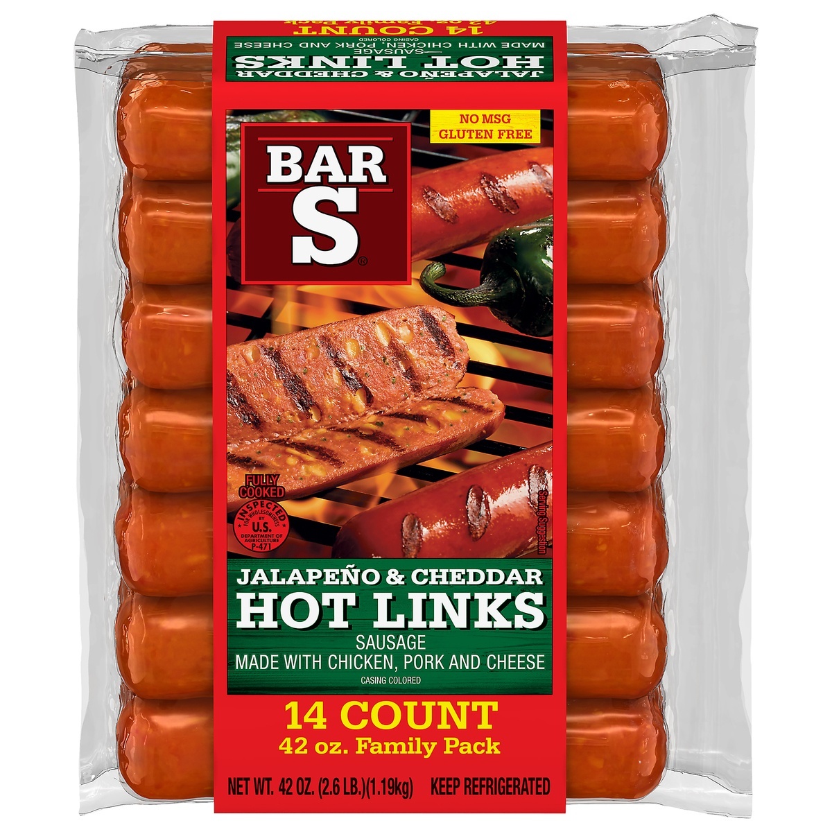 slide 1 of 7, Bar-S Jalapeno & Cheddar Hot Links 14 ct Pack, 