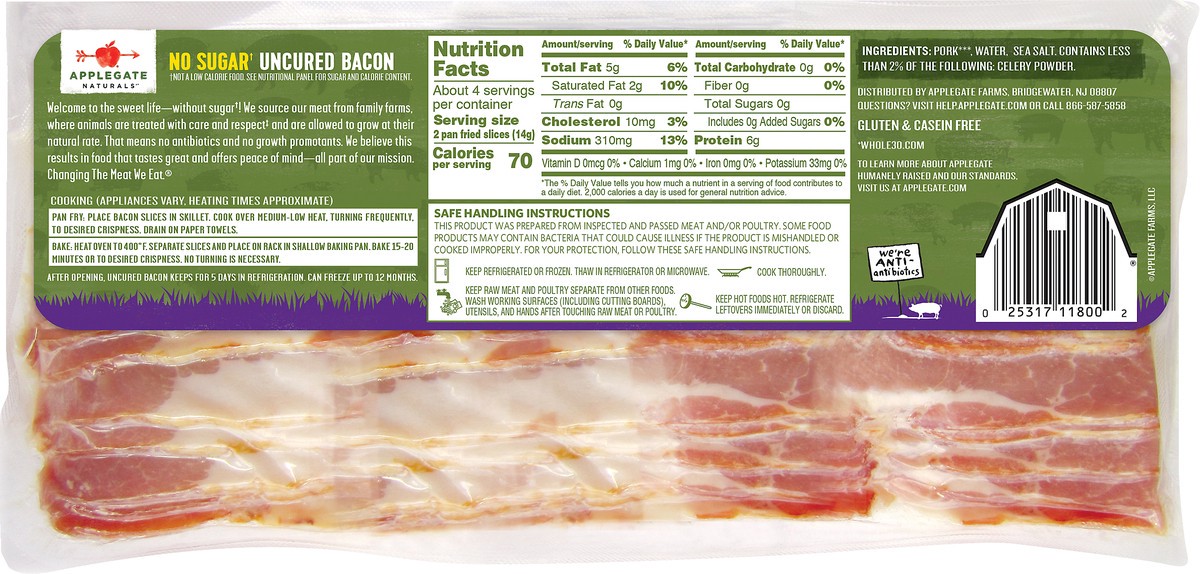 slide 3 of 7, Applegate Natural No Sugar Uncured Bacon, 8 oz., 8 oz