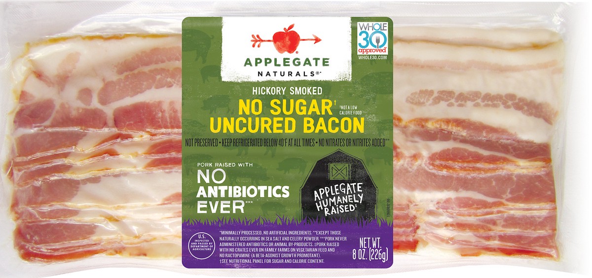 slide 1 of 7, Applegate Natural Hickory Smoked No Sugar Uncured Bacon, 8 oz