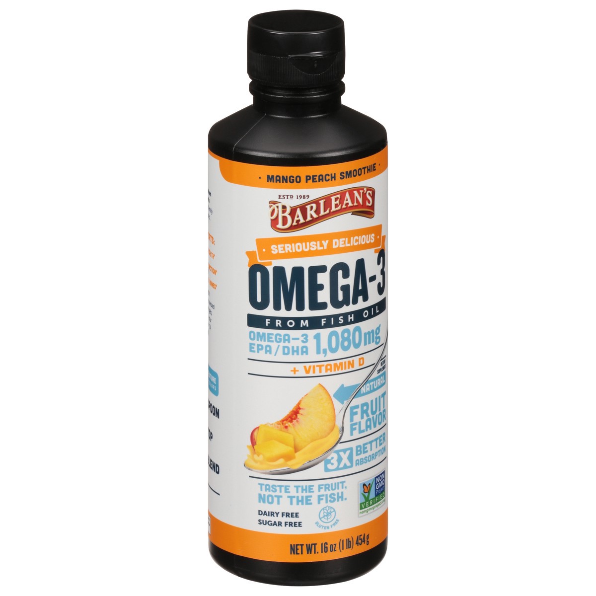 slide 9 of 9, Barlean's 1080 mg Mango Peach Smoothie Omega-3 16 oz, 16 oz