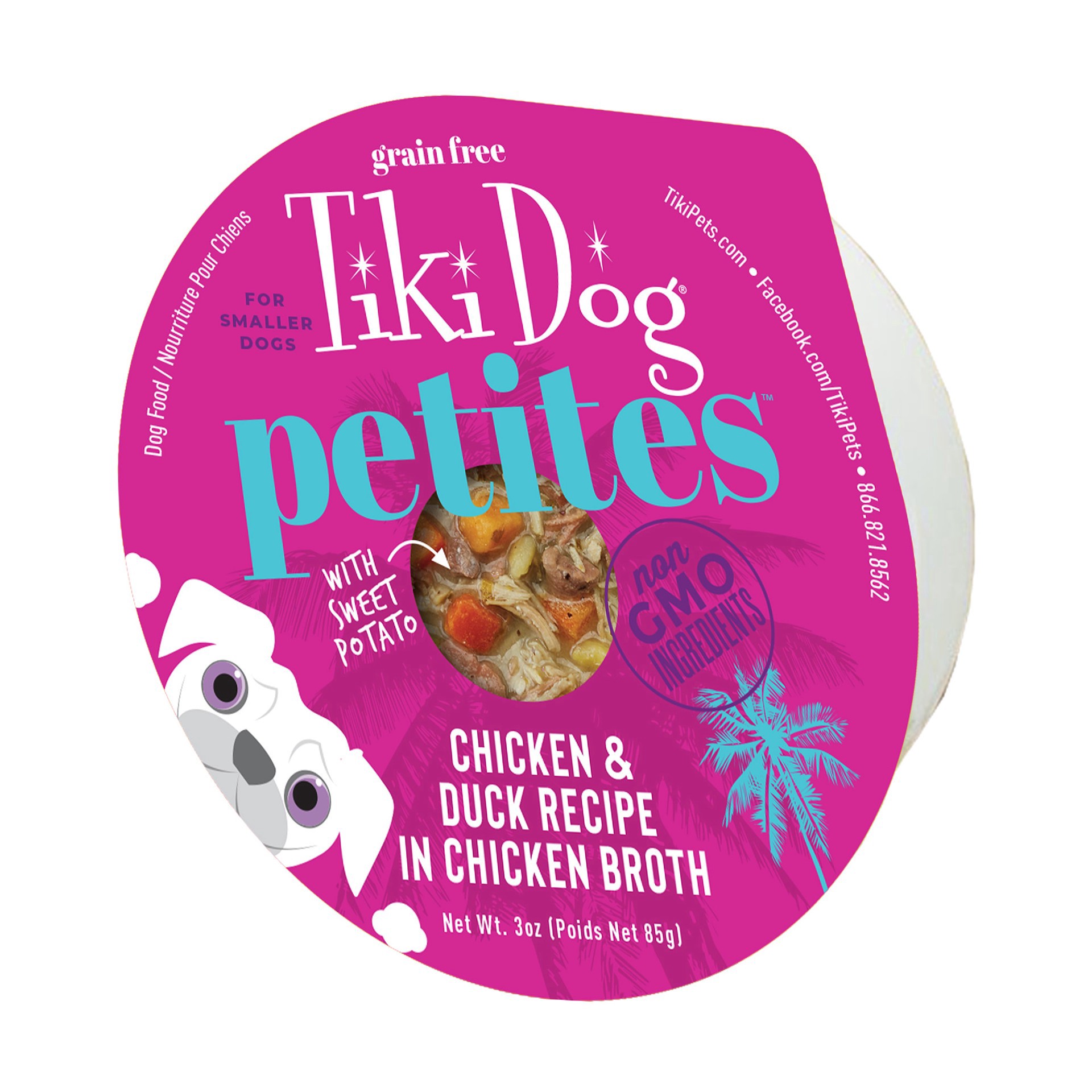 slide 1 of 1, Tiki Dog Petites Grain Free Wet Dog Food, Chicken & Duck, 3 oz. Cup (4 Count), 3 oz