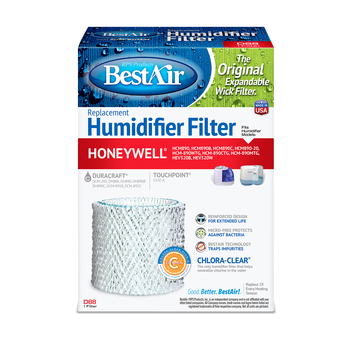 slide 1 of 5, BestAir Extended Life Humidifier Filter For Duracraft & Honeywell Humidifiers, D88, 1 ct