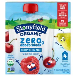 Stonyfield Organic Kids Zero G Added Sugar Whole Milk Yogurt Pouches, Cherry Berry Pear, 3.5 oz., 4Ct