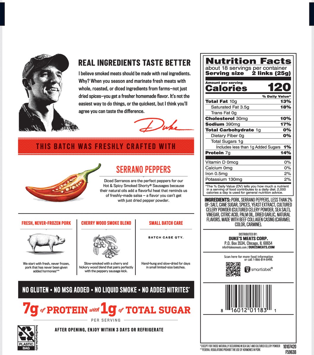 slide 2 of 6, Duke's Smoked Shorty Hot & Spicy Sausages 16 oz, 16 oz