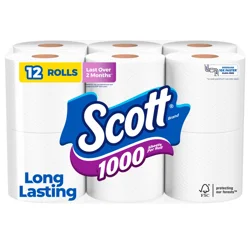 Scott 1000 Toilet Paper, 12 Rolls, Septic-Safe, 1-Ply Toilet Tissue
