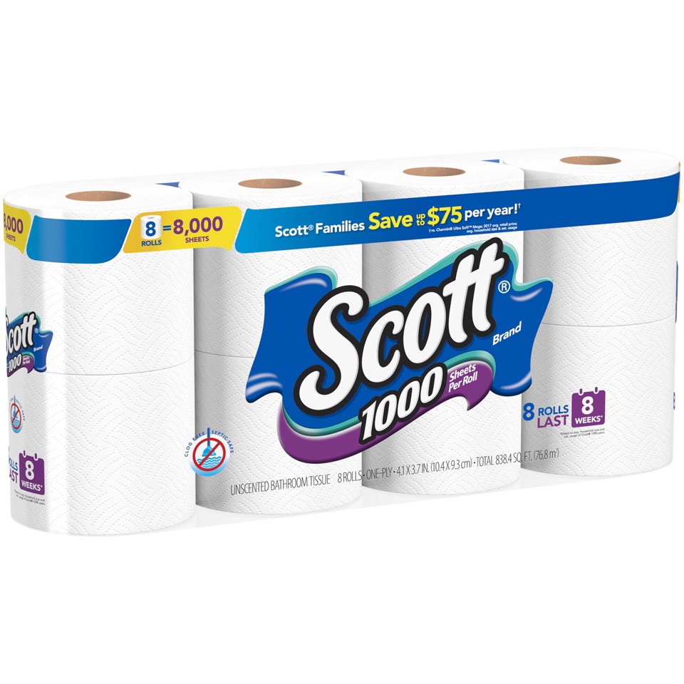 slide 3 of 3, Scott 1000 Toilet Paper, 8 Rolls, Septic-Safe, 1-Ply Toilet Tissue, 8 ct