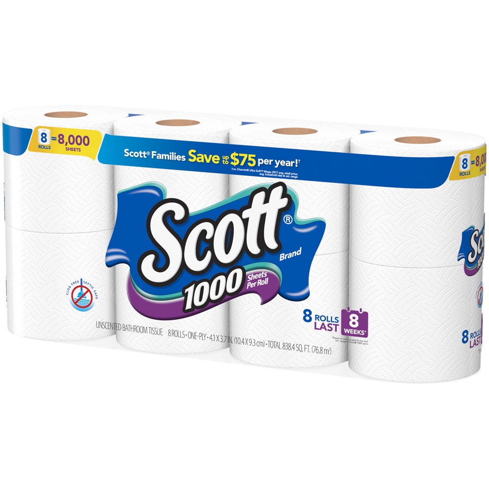slide 2 of 3, Scott 1000 Toilet Paper, 8 Rolls, Septic-Safe, 1-Ply Toilet Tissue, 8 ct
