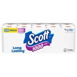 Scott 1000 Toilet Paper, 20 Regular Rolls, Septic-Safe, 1-Ply Toilet Tissue
