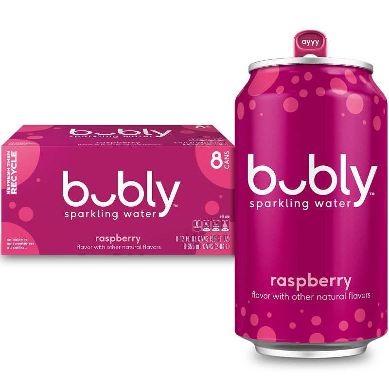 slide 1 of 7, bubly Raspberry Sparkling Water - 8pk/12 fl oz Cans, 8 ct; 12 fl oz