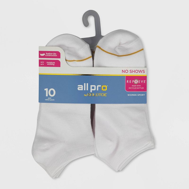 slide 2 of 2, All Pro by Gold Toe Women's Lightweight 10pk No Show Socks - White 4-10: Moisture Wicking, Stretch Knit, Smooth Toe Seams, 10 ct