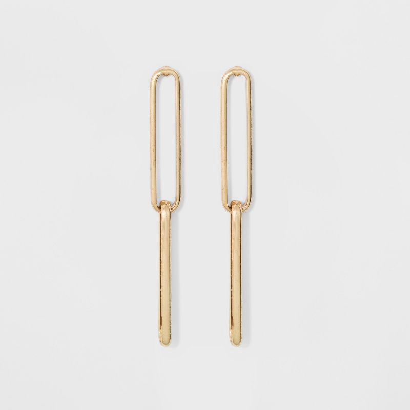 slide 1 of 3, Link Earrings - A New Day™ Gold: Linear Design, Nickel-Free Metal, Post Closure, 1.75" Length, 0.3" Width, Iron Material, 1 ct