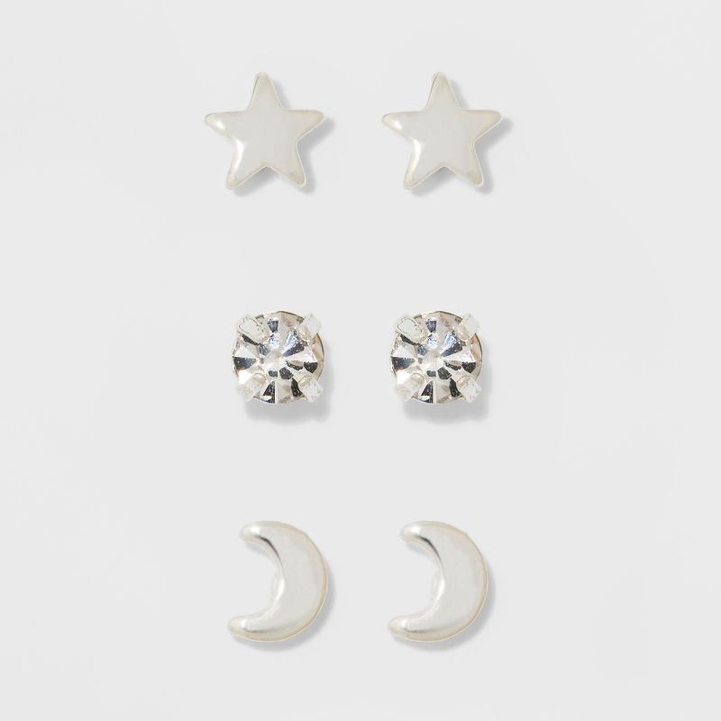 slide 1 of 3, Pair of Star, Moon, and Cubic Zirconia Button Stud Earring Set 3pc - A New Day™ Silver: Glass, Nickel-Free Metal, 3 ct