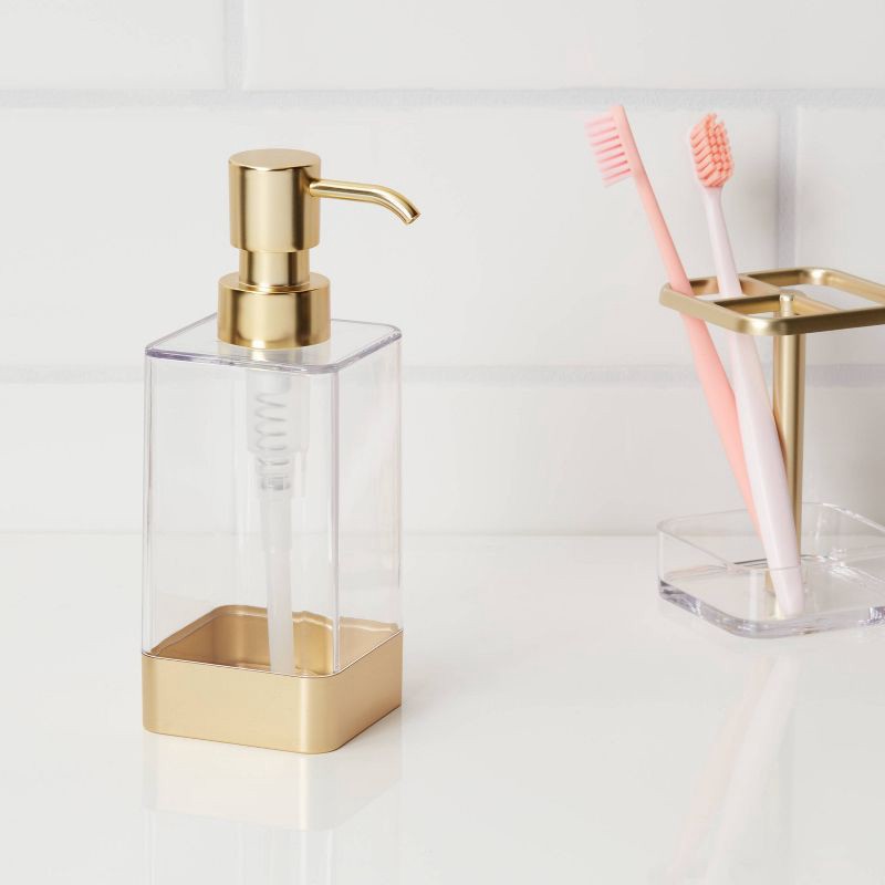 slide 2 of 4, Square Soap/Lotion Dispenser Gold/Clear - Room Essentials™: Plastic Handwash Accessory, 460ml Capacity, 460 ml