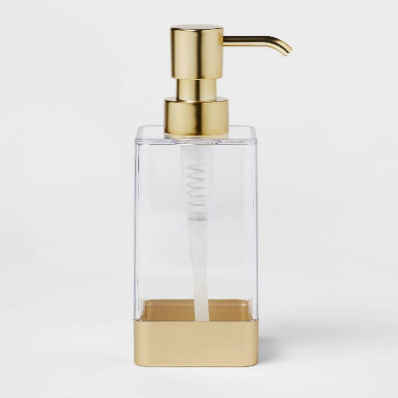 slide 1 of 4, Square Soap/Lotion Dispenser Gold/Clear - Room Essentials™: Plastic Handwash Accessory, 460ml Capacity, 460 ml