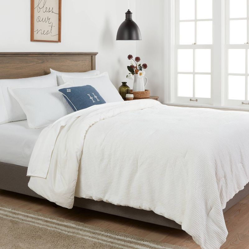 slide 2 of 4, Full/Queen Washed Waffle Weave Comforter and Sham Set White - Threshold™: Cotton Textile, Oeko-Tex Certified, Midweight, 1 ct