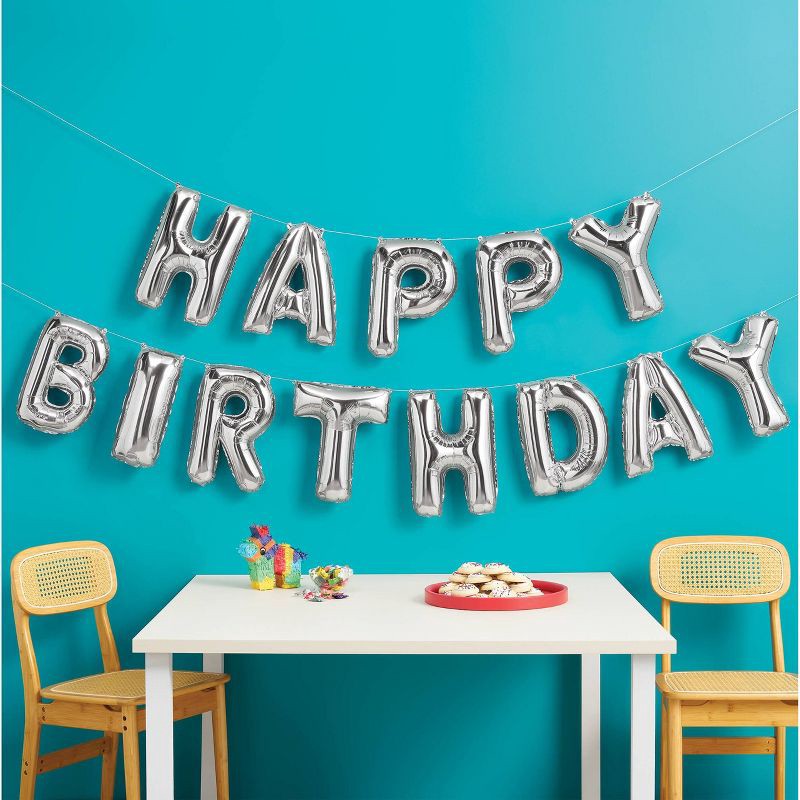 slide 2 of 4, 'Happy Birthday' Foil Balloon Banner Silver - Spritz™, 1 ct