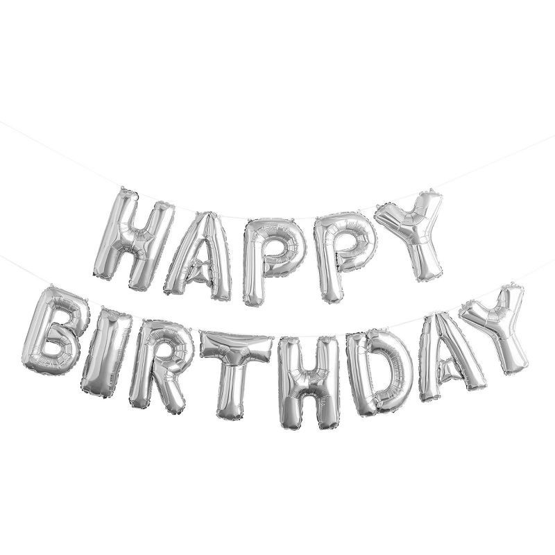 slide 1 of 4, 'Happy Birthday' Foil Balloon Banner Silver - Spritz™, 1 ct