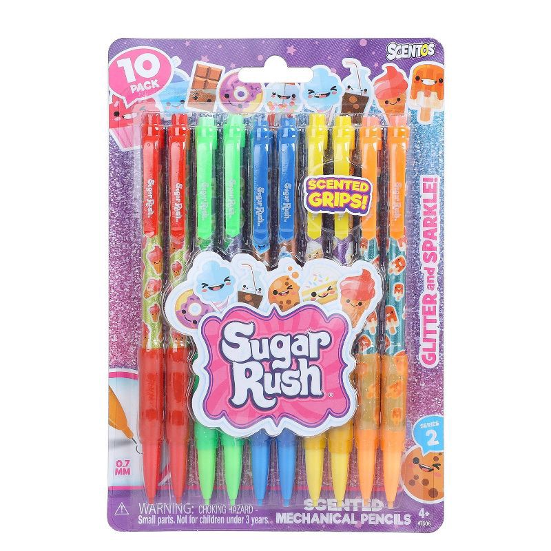 slide 1 of 5, Sugar Rush 10ct 2 Scented Mechanical Pencils Glitter Gifting: 0.7mm Erasable Kids Smelly Stationery, 10 ct