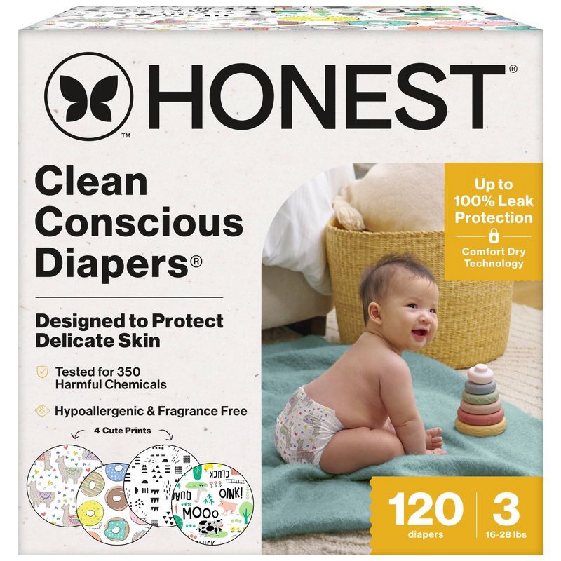 slide 1 of 9, The Honest Company Clean Conscious Diapers - Four Print Pack - Size 3 - 120 ct, 3 pk; 120 ct