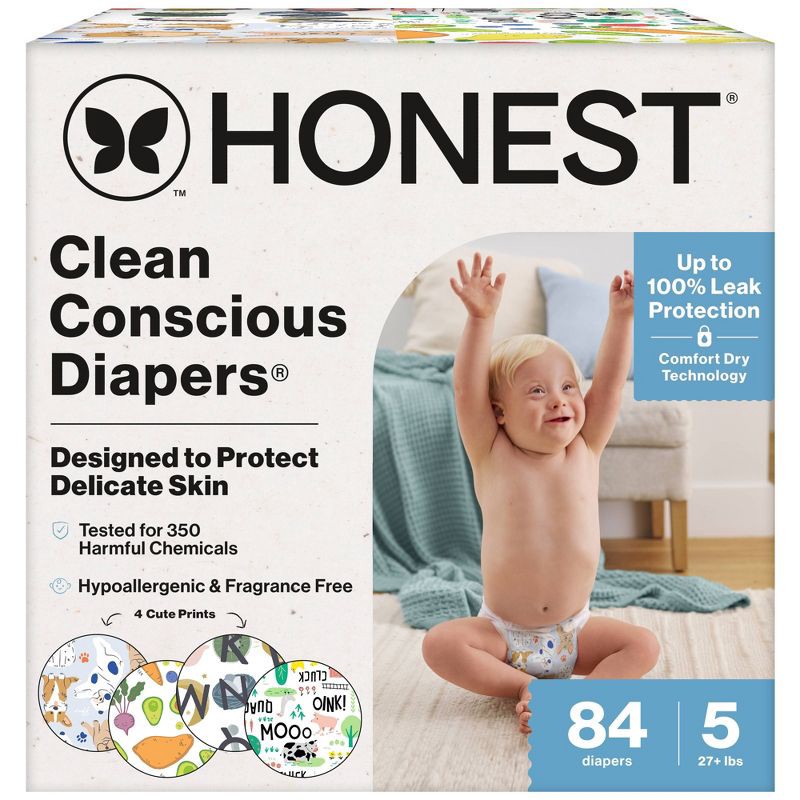 slide 1 of 9, The Honest Company Clean Conscious Disposable Diapers - Four Print Pack - Size 5 - 84ct, 5 x 84 ct