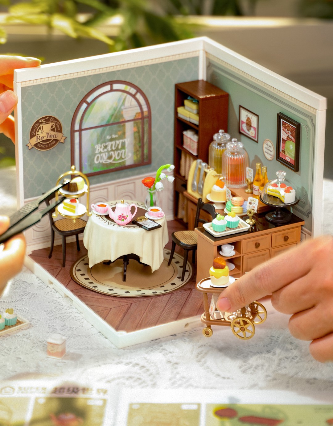 slide 7 of 7, Robotime Rolife Super Creator Sweet Sips Tea Diy Miniature Kit, 5.98 in x 6.93 in x 6.42 in