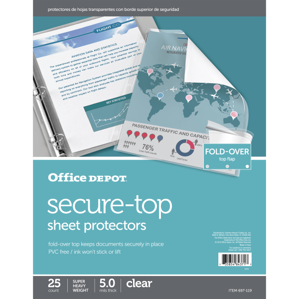 slide 1 of 2, Office Depot Brand Secure-Top Sheet Protectors, 8-1/2'' X 11'', Clear, Pack Of 25, 25 ct