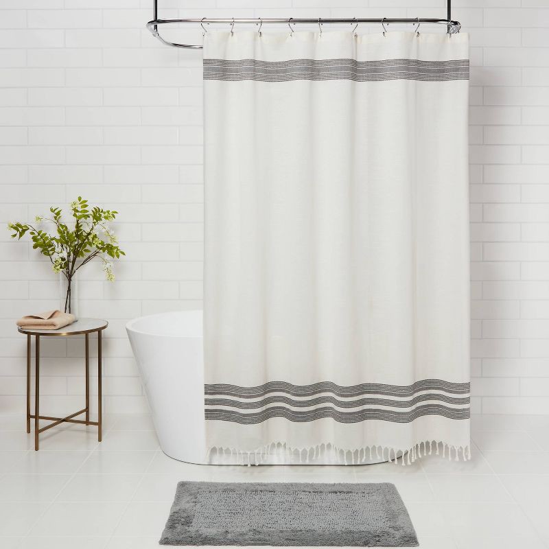 slide 2 of 4, Striped Fringe Shower Curtain Off-White - Threshold™: Cotton Fabric, Modern Bathroom Decor, Buttonhole Top, 1 ct