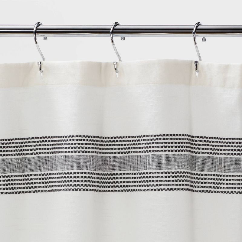 slide 3 of 4, Striped Fringe Shower Curtain Off-White - Threshold™: Cotton Fabric, Modern Bathroom Decor, Buttonhole Top, 1 ct